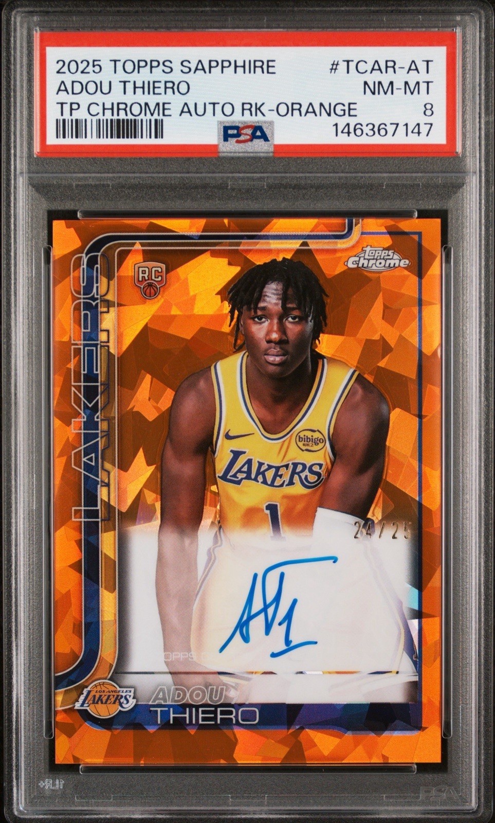 2025-26 Topps Chrome Basketball Adou Thiero RC Orange Sapphire /25 Auto PSA 8