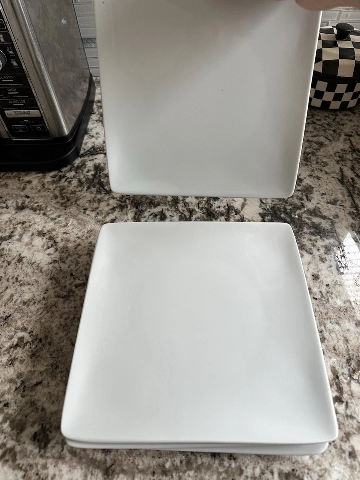 SET (4) Crate & Barrel CYD Salad Dessert Plates White Square 8" Portugal Ceramic - Image 3 of 4