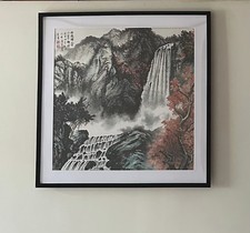 Framed Chinese Traditional Painting, village, waterfall and mountain landscape