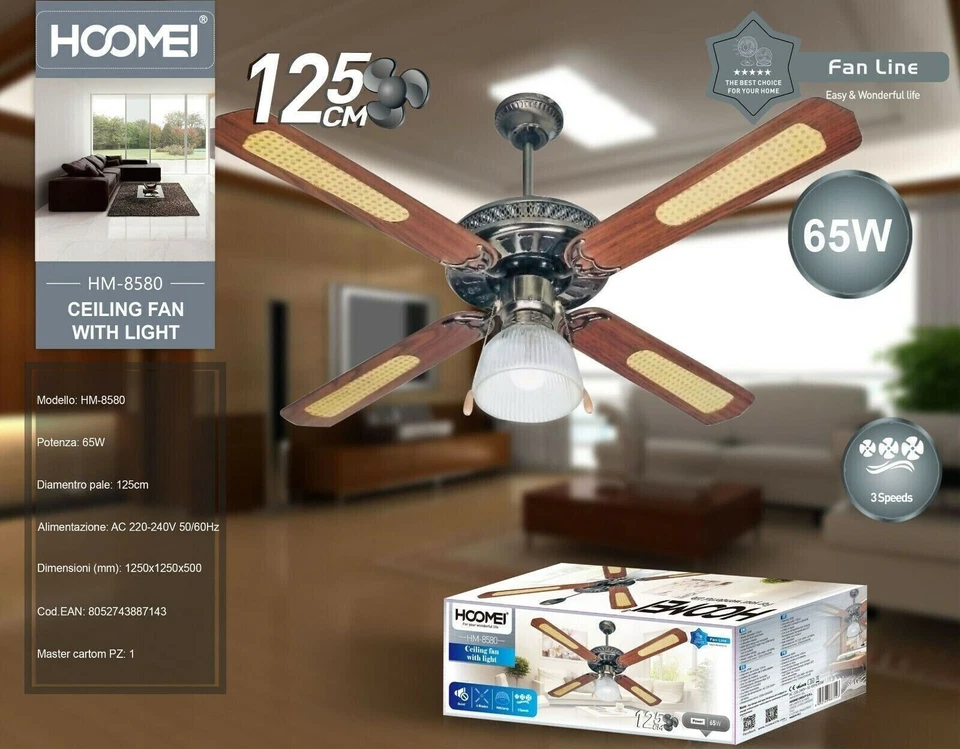 VENTILATORE DA SOFFITTO LAMPADA E27 LUCE 4 PALE IN LEGNO CATENELLA 125CM HM-8580 - Immagine 4 di 4