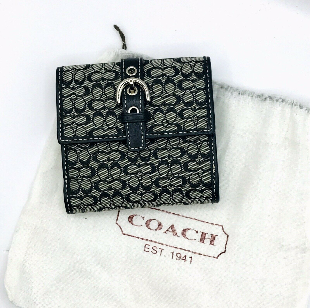 Vintage Coach Mini Signature Black/Gray Canvas Bifold Buckle  display picture 1