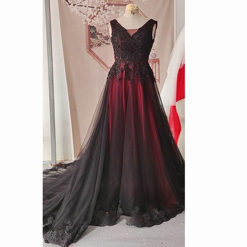 Vestidos de novia negros y rojos apliques de encaje gótico cuello en V corsé vestidos de novia - Imagen 3 de 9
