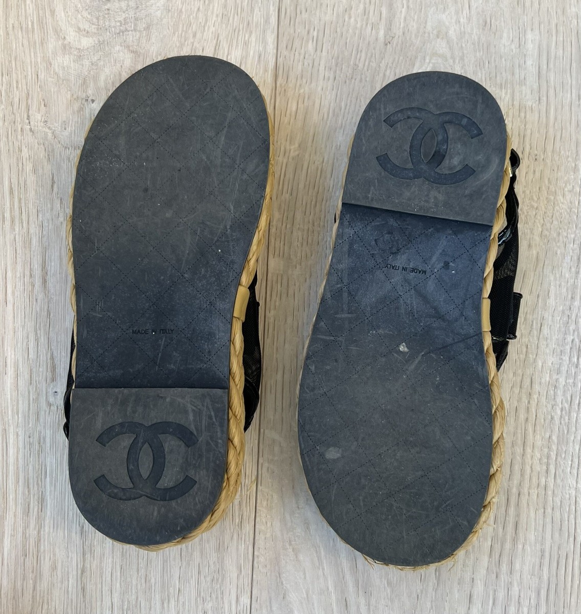 Auth CHANEL Interlocking CC Logo Black Mesh Strap Espadrille