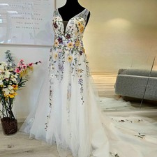 Whimsical Wedding Dress with Flowers V Neck Backless Colorful Embroidered Floral