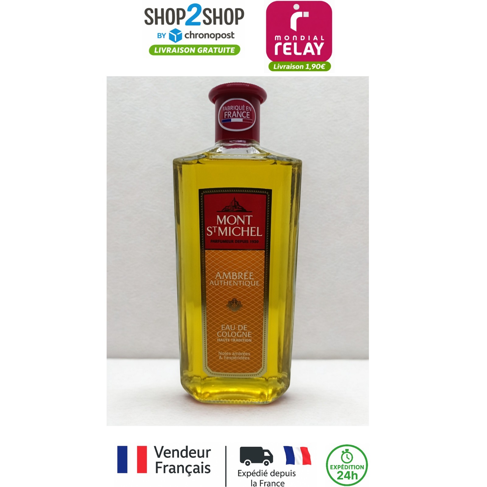 Mont St Michel Eau de Cologne Ambrée flacon traditionnel en verre