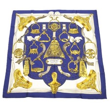 Hermes Scarf Carre90 ETRIERS 100 Silk Blue White Gold