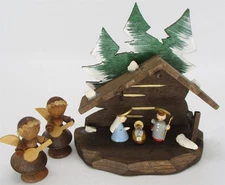 Feri Italy Nativity Manger + 2 Angels Wood Mini Creche Figurines w/ Labels Vntg 