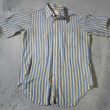 Arrow Mens M Short Sleeve Button Down Shirt Blue Yellow Striped Vintage Tapered