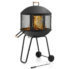 28" Patio Rolling Fire Pit Wood Burning Firepit w/ Wheels Mobile Fireplace