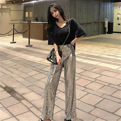 silver wide leg trousers