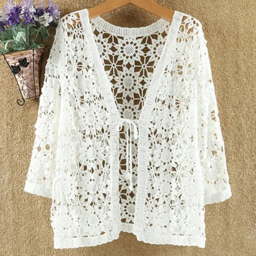 Women Crochet Lace Shrug Cardigan Top Hollow Out Knitted 3/4 Sleeve Shawl Coat - Bild 10 von 22