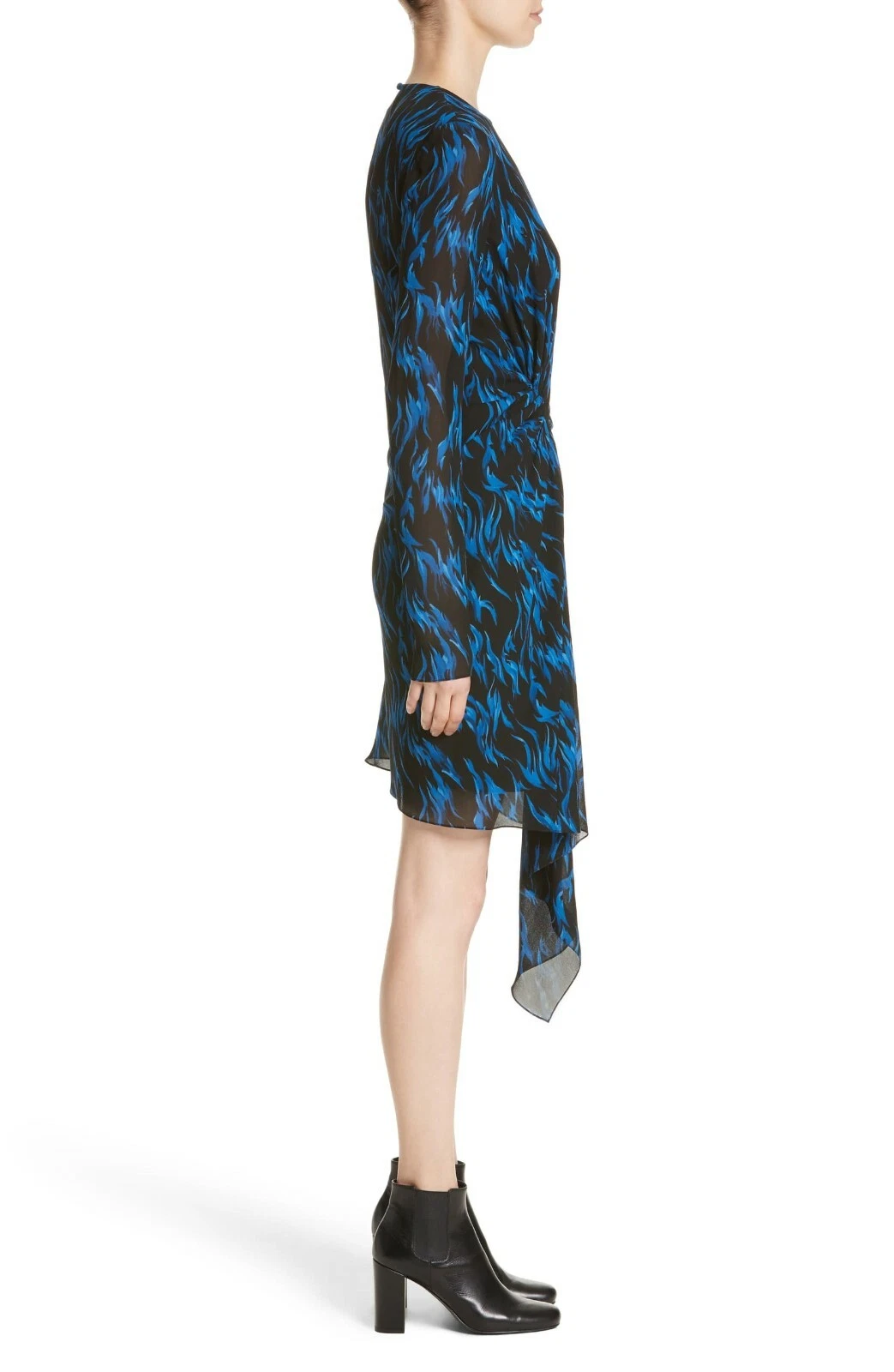 SAINT LAURENT (YSL) Abito asimmetrico in crepe seta SAINT LAURENT blu fiamma nera stampa asimmetrica 12 US 44IT