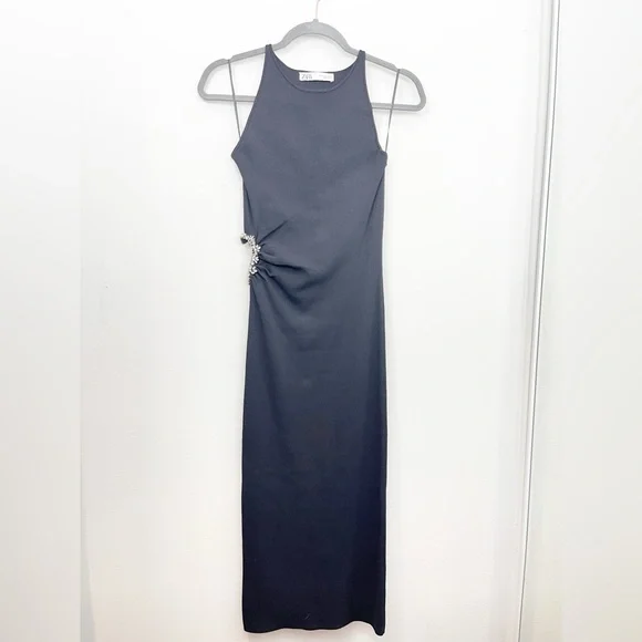 Zara Knit Sleeveless Black Midi Dress Jewel Cut Out Size Small NWOT
