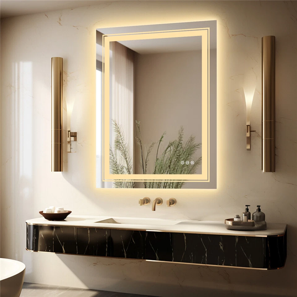 Espejo de baño LED antiniebla 28/32/36 pulgadas 3 colores regulable con tiras LED dobles Foto 4 de 4