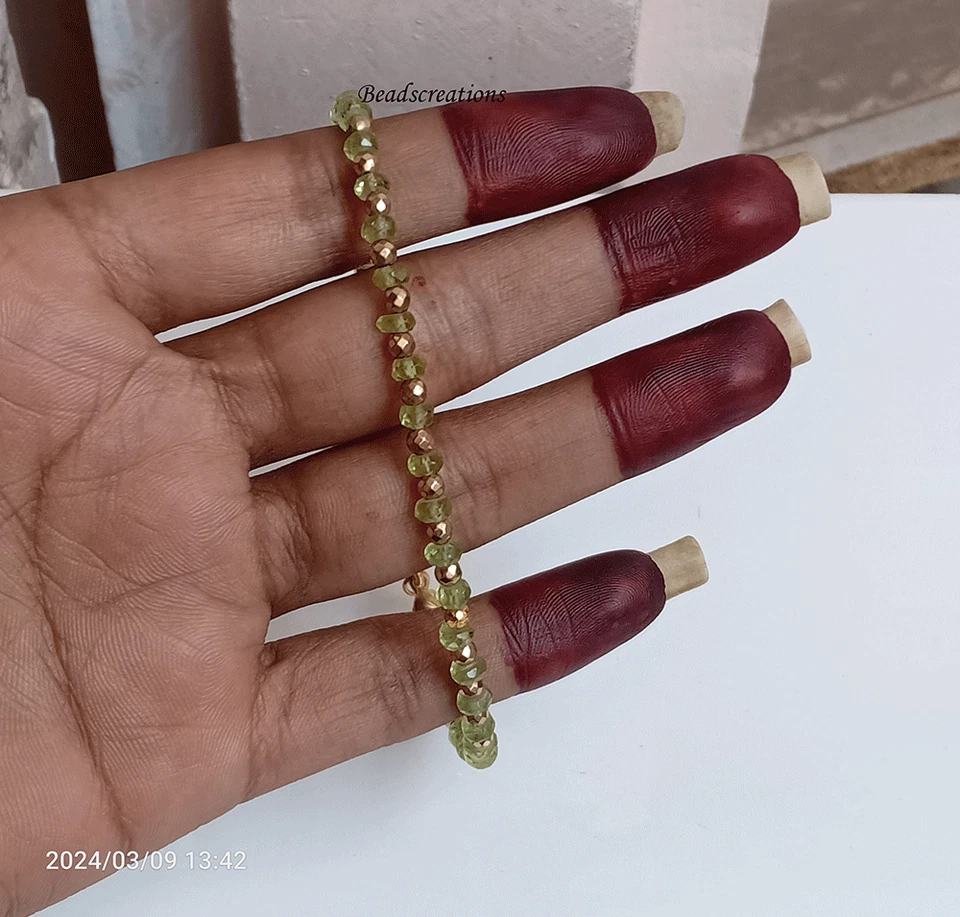 Natural Green Peridot Beads Golden Pyrite Faceted Rondelle Bracelet Gift Her - Image 3 of 4