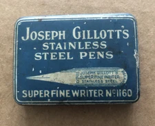 Vintage JOSEPH GILLOTT'S Stainless Steel Pens Tin w/ Superfine Writer #1160 Nips