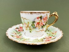 ATQ Coronet Limoges Hand Painted Pink Red Roses Demitasse Tea Cup  Saucer Set