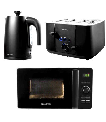 Salter KURO Schwarz Schnellkoch 1,7L Wasserkocher 4 Scheiben Toaster & Digital Mikrowelle Set