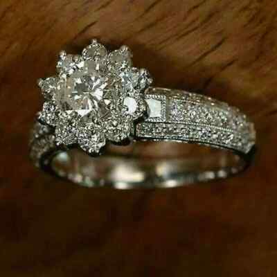 3.50Ct Round Cut Real Moissanite Halo Engagement Ring 14K White Gold Plated