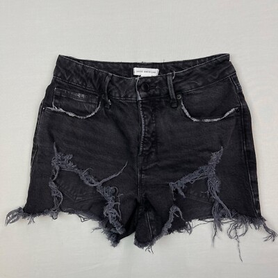Good American Bombshell Shorts 2/26 Womens Button Fly Distressed Cutoff Hem Blk