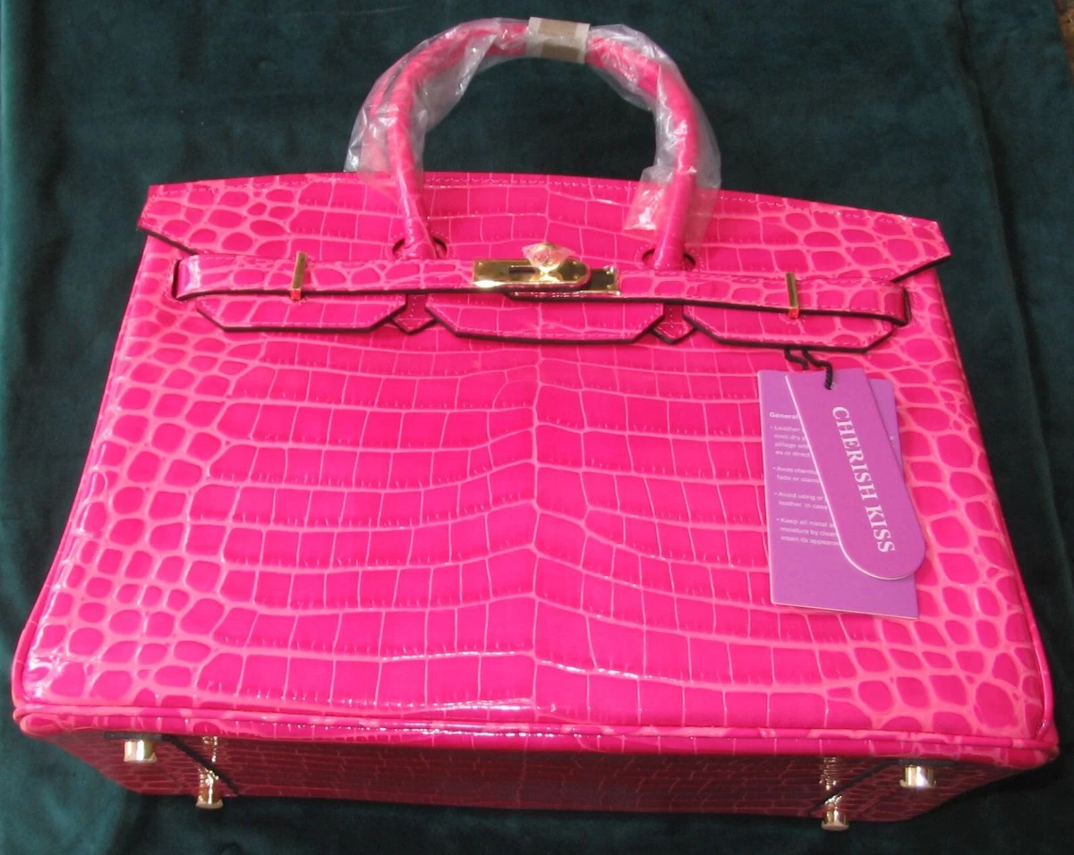 NICE HOT PINK CHERISH KISS 35CM PADLOCK HANDBAG CROCODILE
