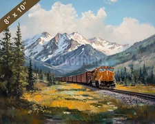 Freight train in the Rocky Mountains oil painting 8x10 Print