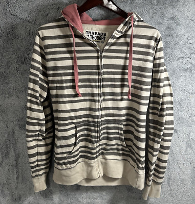 Threads 4 Thought Hoodie Striped Mens Size XL Full Zip Organic Cotton Cream Gray