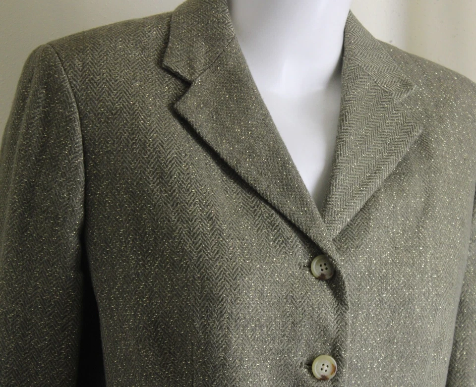 Ralph Lauren Sz 12 Green Gold Metallic Herringbone Jacket Blazer Linen L - Image 2 of 4