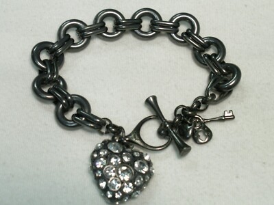 FOSSIL...Gunmetal Silver Tone,Crystals Puffed Heart Charms  display picture 2