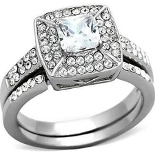 2.65 CT HALO PRINCESS CUT CZ STAINLESS STEEL WOMEN'S WEDDING ENGAGEMENT RING SET