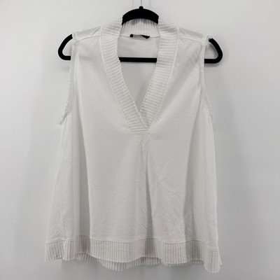Maven West White Sleeveless Top Ribbed Trim V Neck Frayed Edges Women's Large