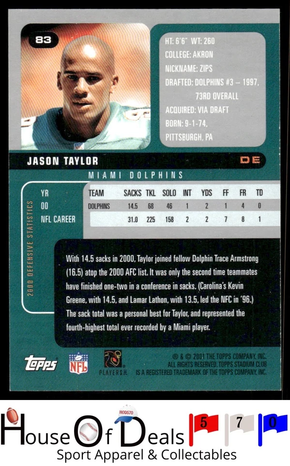 2001 Stadium Club #83 Jason Taylor Miami Dolphins Football card - Image 2 of 2