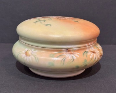 Antique T&V LIMOGES Vanity POWDER JAR w Lid Mint Green Daisies FRANCE 1890s
