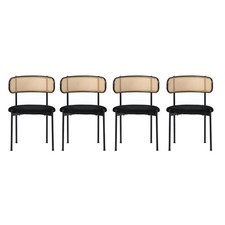 Dining Chairs Set of 4, with Rattan Backrest, Padded Seat & Metal Legs, Black