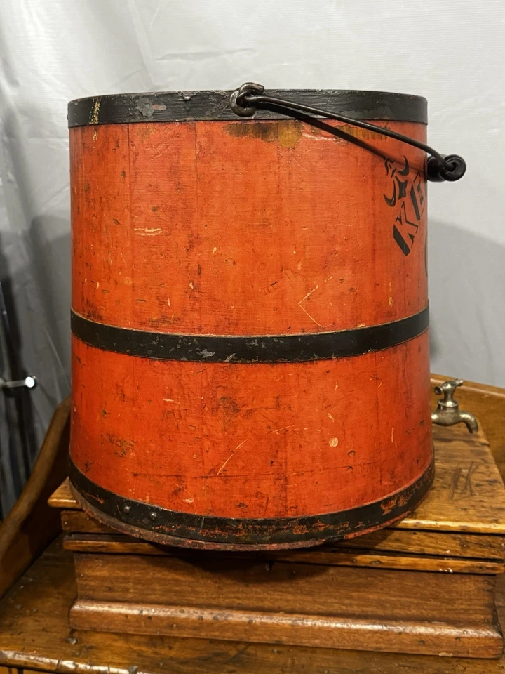 Antique Primitive Red Painted Oil Kerosene Wood Spigot Bucket Firkin - Image 3 of 4