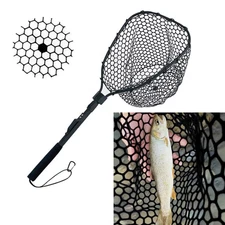 Folding Fly Fishing Landing Net Rubber Safe Catch Release Silicone Fish Nets