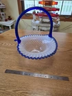 Fenton Blue Sapphire Crest Opalescent Hobnail Ruffle Top Basket
