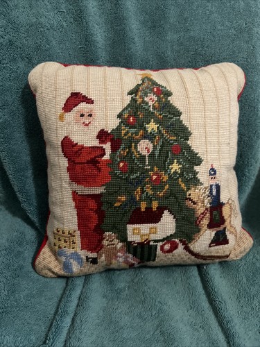 13” Sq Needlepoint Christmas Pillow Vtg Santa Tree Toys Velvet Back ZIP