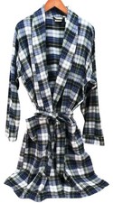 LL Bean Flannel Robe Plaid Mens Size L Blue Green With Pockets Belted Cotton