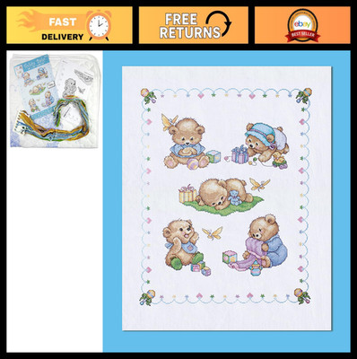 Baby Quilt Kit - Cross Stitch Bears Design, 43'' x 34'', DIY Craft Project
