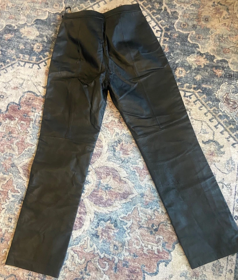 Vintage Clio Women's Leather Pants 8 Black Straight Leg Knee Detail No Stretch - Image 4 of 4