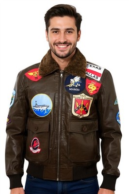 Men's Topgun Brown Leather Jacket Tom Cruise Sheepskin Collar Maverick A2 Bomber