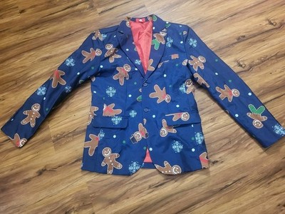 Mens Size Small Christmas Blazer, Jacket, Gingerbread Men, Snowflakes, Padded