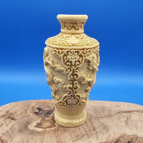 Vintage of Italy Handcarved Resin Faux Ivory Oriental Vase, 6 1/2” - Picture 3 of 11