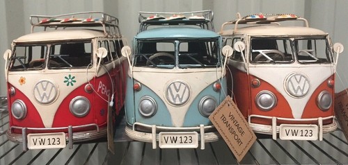 VW Camper Van Tin Metal Model - Blue, Red & Orange Camper Vans 30cm Models