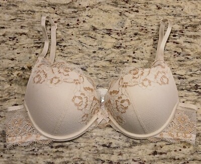 Ambrielle Bra 34C Ivory Lace Overlay Plunge  Pushup Padded Underwire Gold Accent