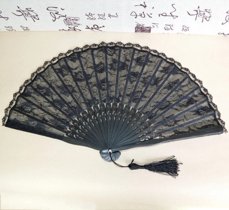 Abanico plegable decorativo de encaje de bambú negro de 9" vintage para dama utilería kimono Foto 2 de 4