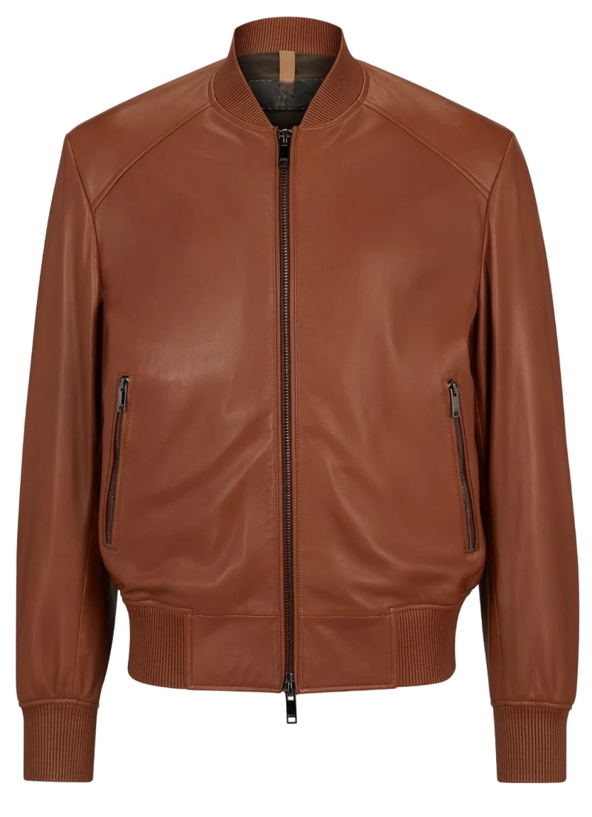 Men's Brown Leather Bomber Jacket Classic Zip Up Style Ribbed Collar Cuffs