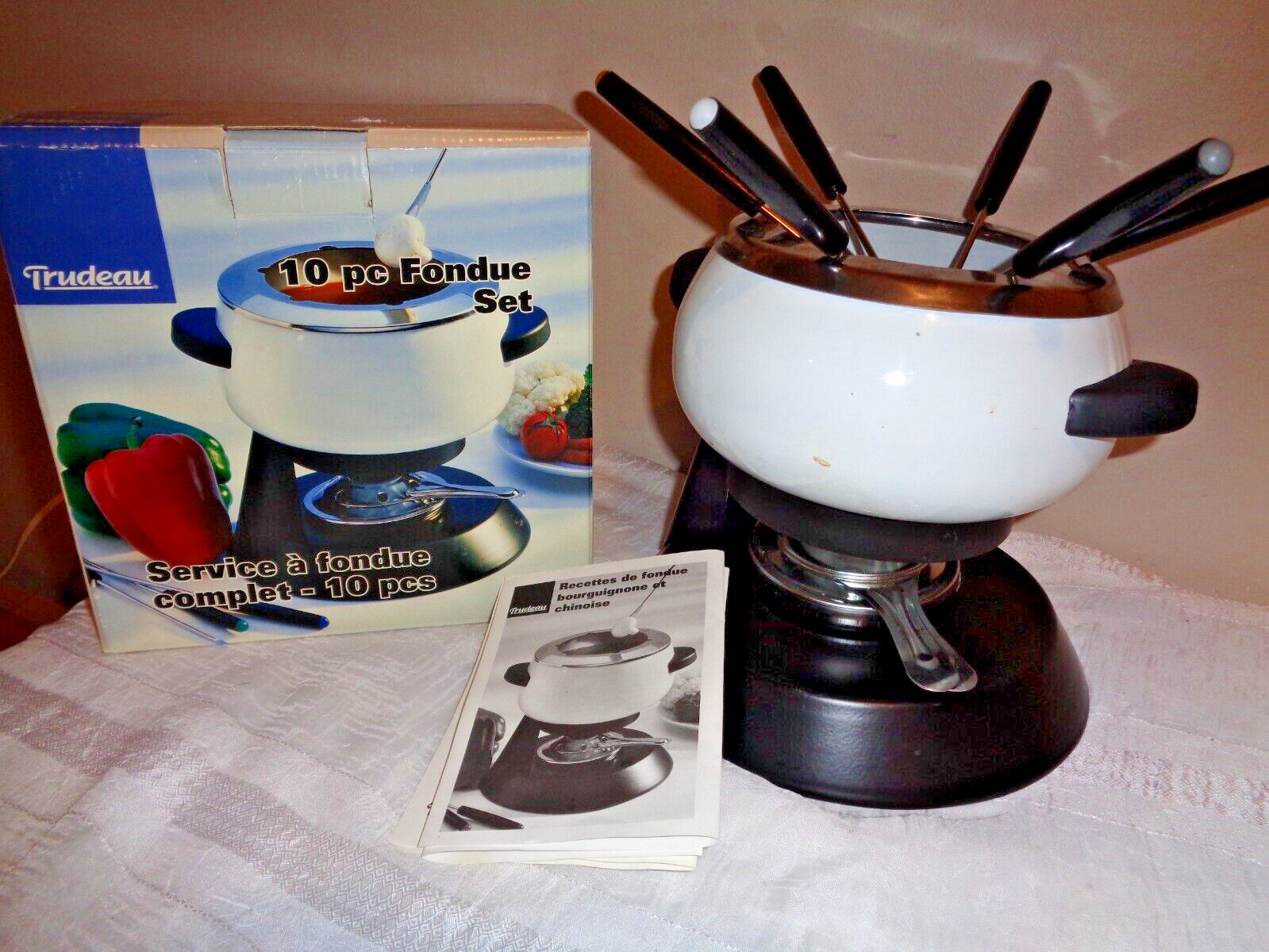Trudeau 10 Piece Fondue Complete Set With 6 Colored Fork with Holder & Burner