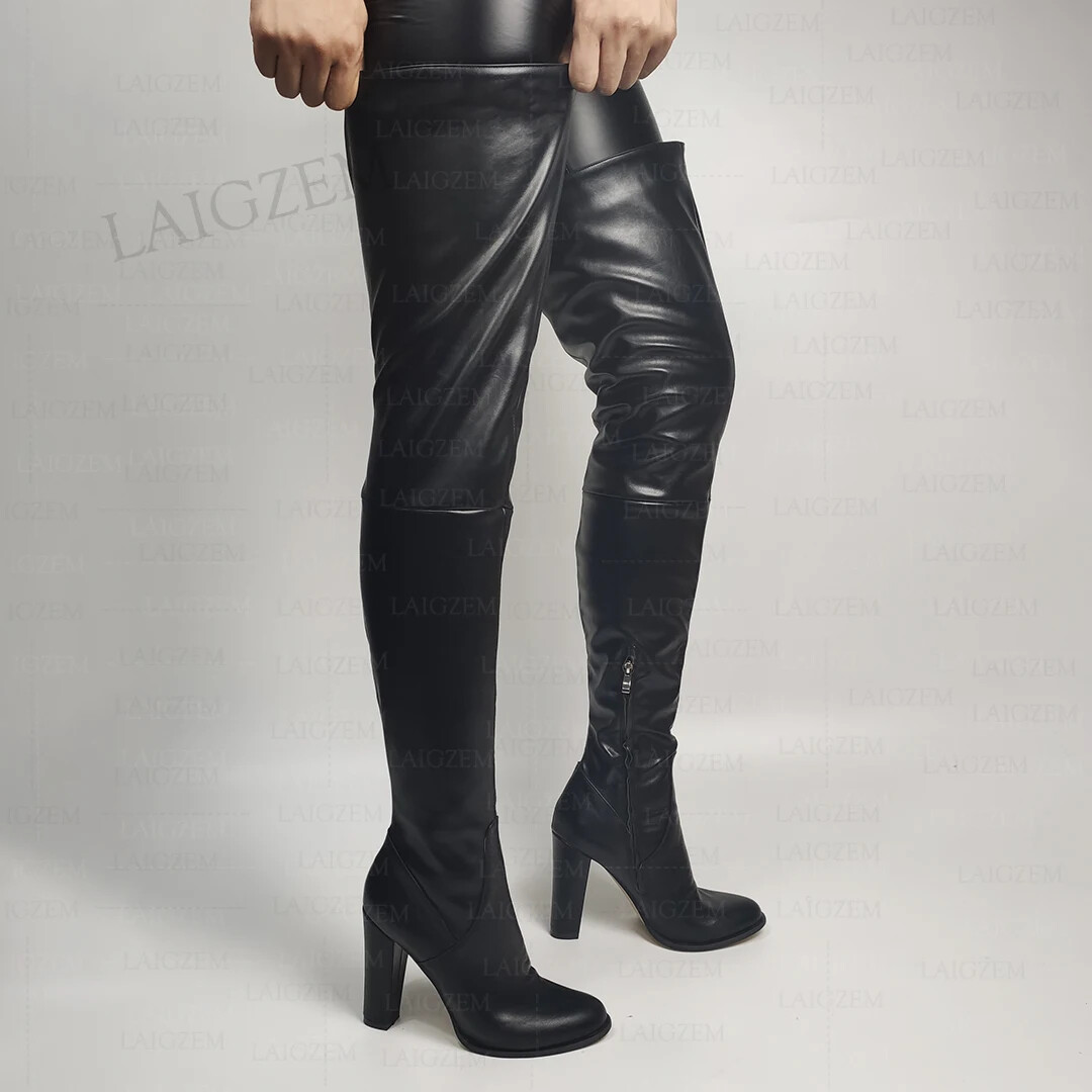 Women Thigh High Boots Round Toe Thick High Heels Boots Over Knee Faux ...
